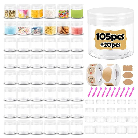 4 oz Plastic Containers with Lids 105pcs Plastic Jars with Clear Lids + 3/5/10/20 Gram 20pcs Sample Containers Travel Jar– Great for Lip Scrub, Body Butters, Cream, Slime, Craft Storage
