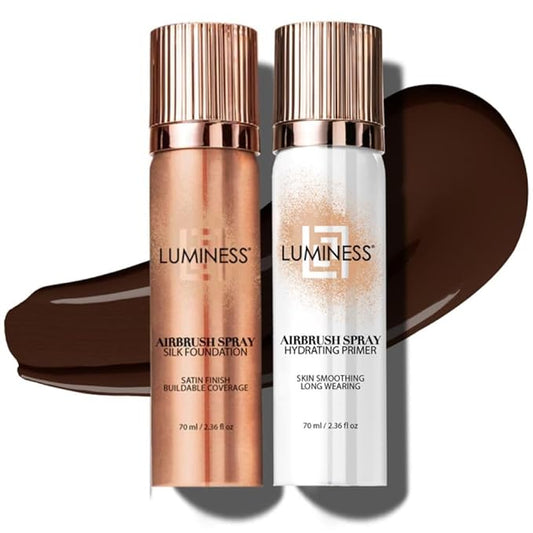 LUMINESS Silk Airbrush Spray Foundation & Primer Kit - Full Coverage Foundation, Anti-Aging Formula Hydrates & Moisturizes with Hyaluronic Acid, Aloe Vera & Hydrolyzed Silk (Shade - Rich Dark)