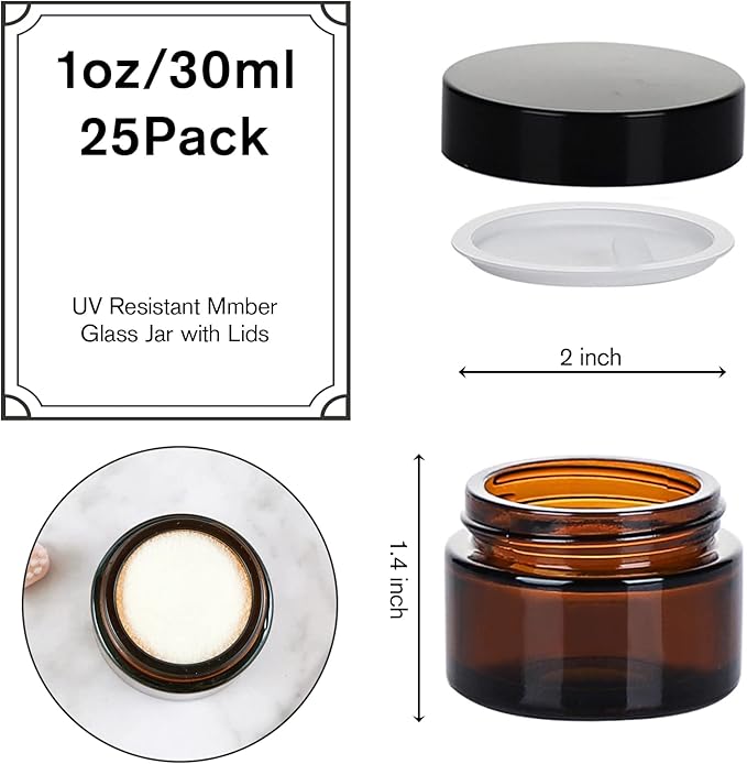 1oz Glass Jar with Lid, Hoa Kinh 25Pack Amber Round Containers Cosmetic Glass Jars with Inner Liners and Black Lids Travel Jars for Storing Lip and Body Scrub, Lotion, Body Butter, Bath Salts, Liquid