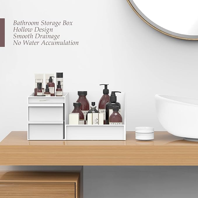 Makeup Desk Cosmetic Storage Box Organizer with Drawers for Dressing Table, Countertop, Bathroom Counter, Elegant Vanity Holder for Brushes, Eyeshadow, Lotions, Lipstick and Nail Polish (White)