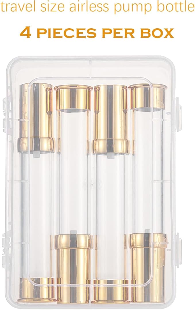 Golden Airless Pump Bottle Travel Set with Box Refillable Empty Cosmetic Pump Bottle Vacuum Bottles for Liquids Such as Hand Soap,Toner,Foundation,Hair Oil,Lotion and Cream(1oz/30ml,4 Pack)