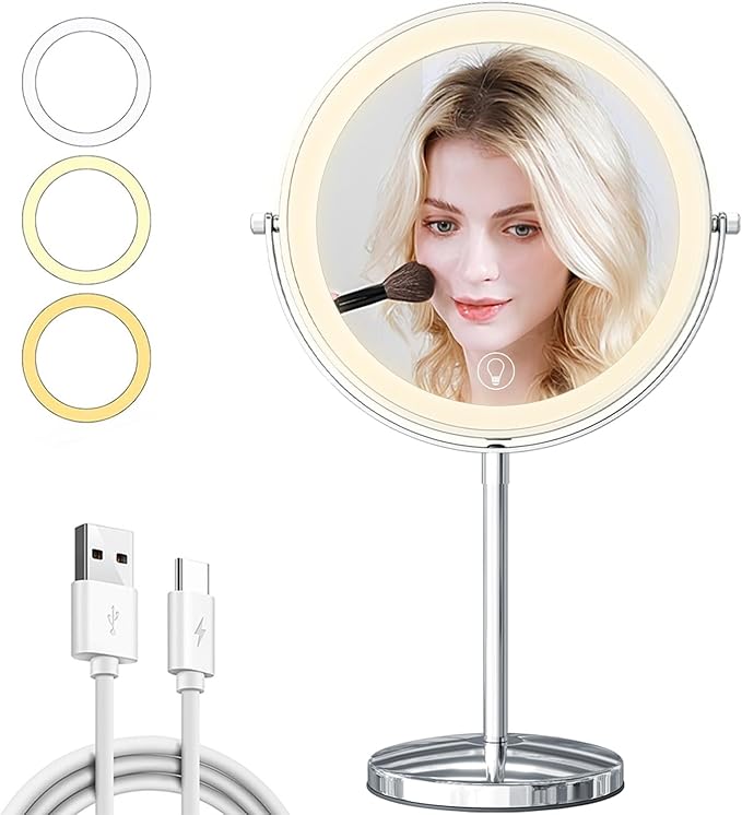 9in Vanity Mirror with Lights, Rechargeable&Dimming Lighted Makeup Mirror, 3X/20X Double Sided Magnifying Mirror,5000mAh,360 Rotate,3 Color Lights,Brightness with 80 LED,No Height Adjustment,Nickel
