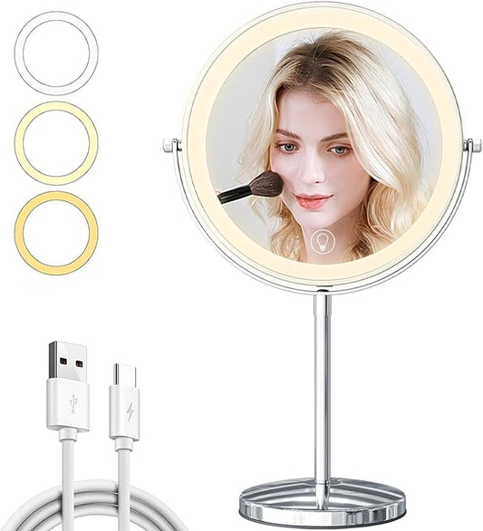 9in Vanity Mirror with Lights, Rechargeable&Dimming Lighted Makeup Mirror, 3X/20X Double Sided Magnifying Mirror,5000mAh,360 Rotate,3 Color Lights,Brightness with 80 LED,No Height Adjustment,Nickel