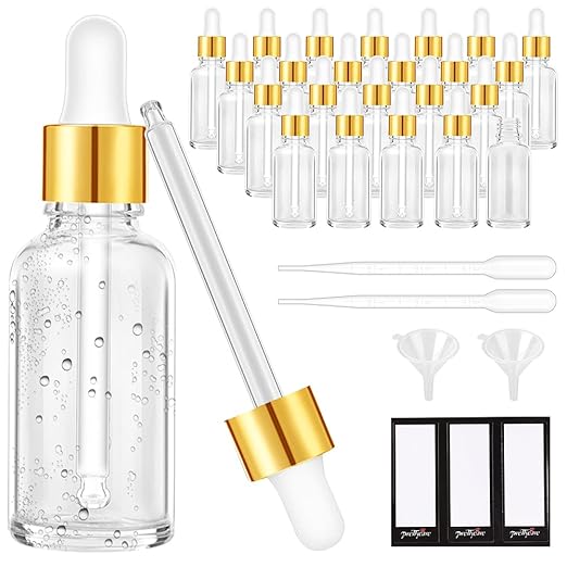 24 Pack 2 Oz Glass Eye Dropper Bottles Clear, 60 ml Empty Tincture Bottle with Droppers, 1 Extra Cap, 2 Plastic Funnels, 2 Pipettes & 48 Stickers for DIY Essential Oils, Body Oil, Beauty Oil