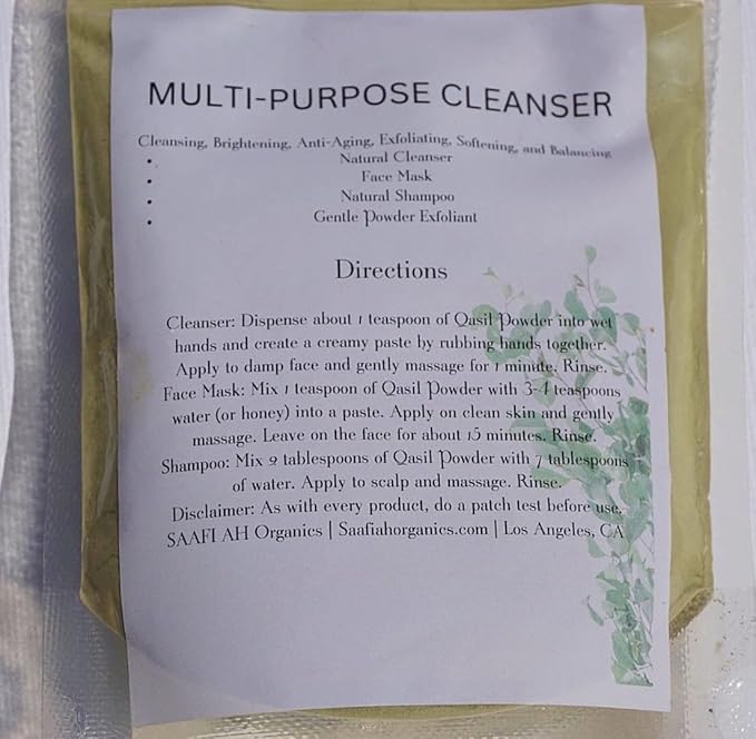 Saafi Ah Organics Qasil Powder natural leaf powder, exfoliates, detoxifies, helps with clogged pores and blemishes. soap,used as a shampoo. (small 1.5 oz)