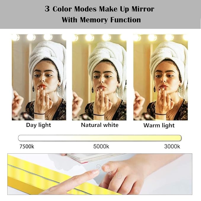 22.8"x 18.1" Vanity Mirror Makeup Mirror with Lights,10X Large Hollywood Lighted Vanity Mirror with 15 Dimmable LED Bulbs,3 Color Modes,Touch Control for Bedroom,Tabletop or Wall-Mounted