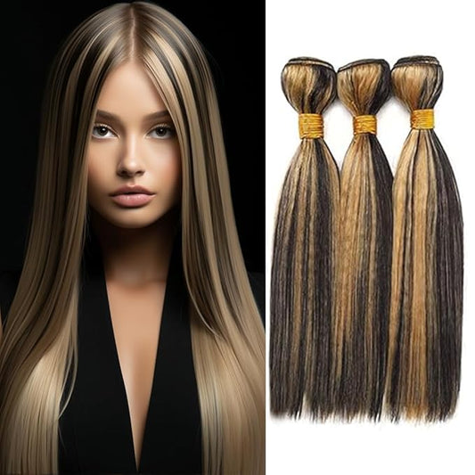 Highlighted Bundles Human Hair P1B27 Straight Bundles Black Mixed With Honey Blonde Straight Bundles two tone Brazilian Human Hair Soft and Silky for Black Women 10 12 14 Inch