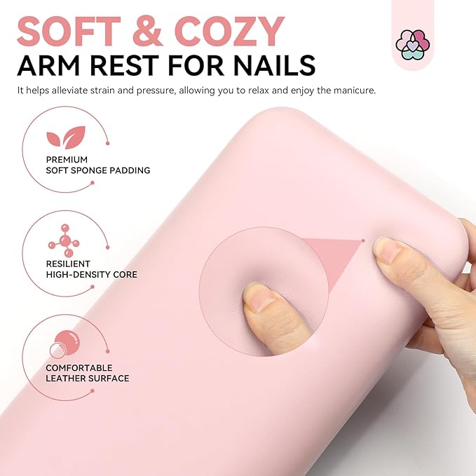 Saviland Arm Rest for Nails Tech Professional: 15.7" Full-Length Nail Arm Rest Pink Faux Leather for Acrylic Nails Soft Sponge Cushion Hand Holder & Non-Slip Nail Mat for Nail Technician Use Must Have