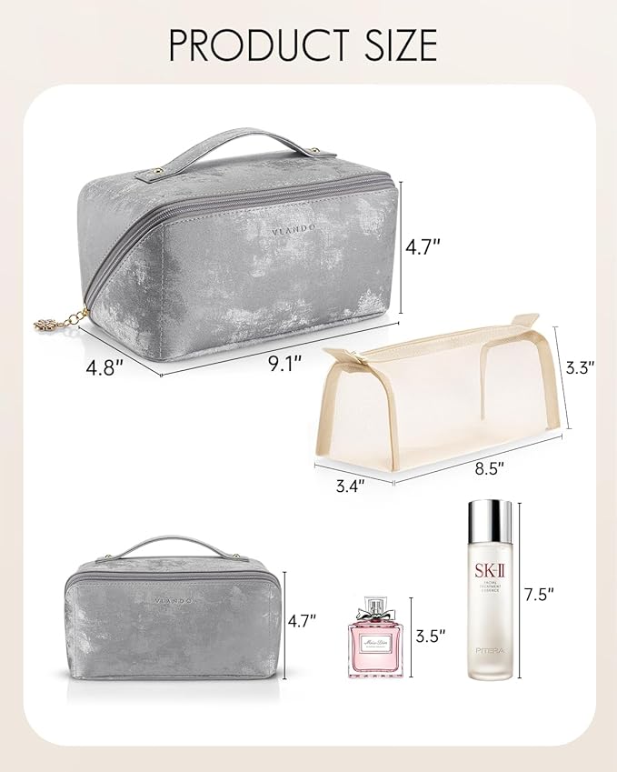 Vlando Travel Makeup Bag Portable Travel Toiletry Bag for Women PU Leather Open Flat Make up Organizer for Toiletries,Christmas Birthday Gifts for Wife Mom Girls(Silver)