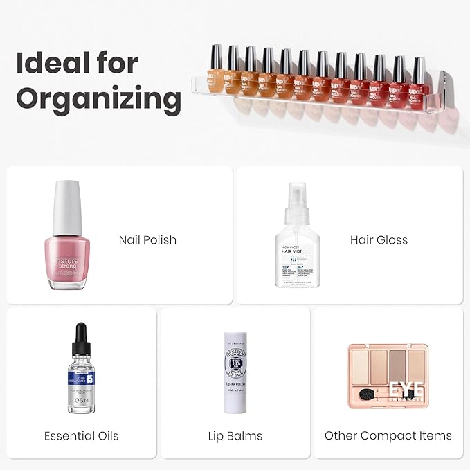 NIUBEE 6 Pack Nail Polish Rack Wall Mounted Shelf with Removable Anti-Slip End Inserts, Clear Acrylic Nail Polish Organizer Display 90 Bottles
