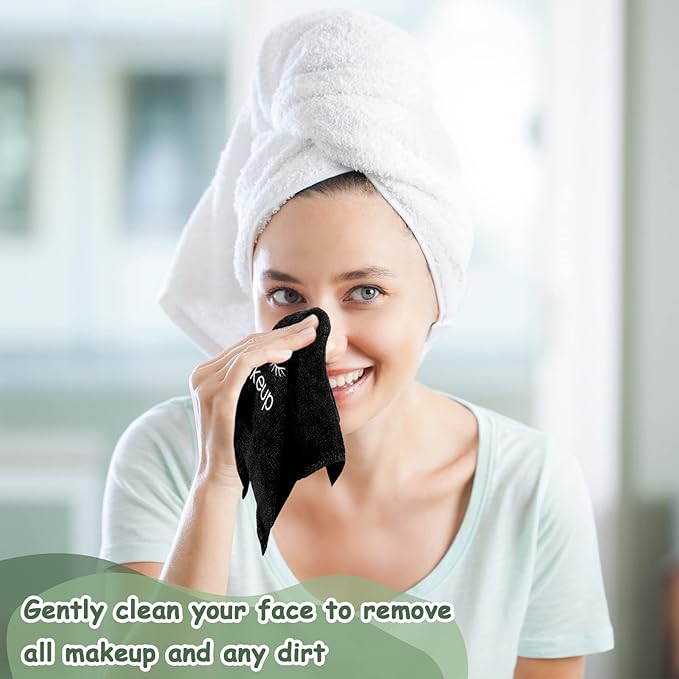 30 Pcs Microfiber Black Makeup Washcloths for Face 13 x 13 Inches Makeup Remover Towels Reusable Absorbent Removers Face Wash Cloth with Embroidery for Women