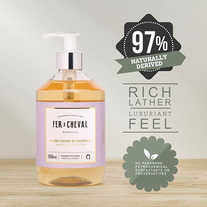 Fer à Cheval Savon Liquide De Marseille Soap, Luxury French Hand Soap Energizing Lavender Liquid Savon Marseille Soap, 500ml/16.9fl oz