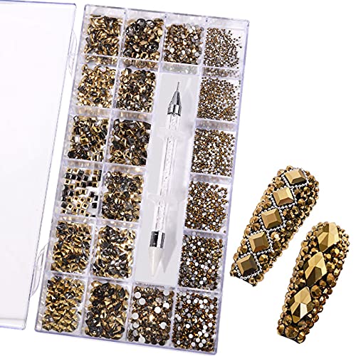 12 Types of Mine Gold 600 Diamonds + 2500 Flat Rhinestones Mix 20 Styles Flatback DIY Crafts Rhinestone Crystals 3D Decorations Flat Back Stones Set + Rhinestone Picker Wax Pen