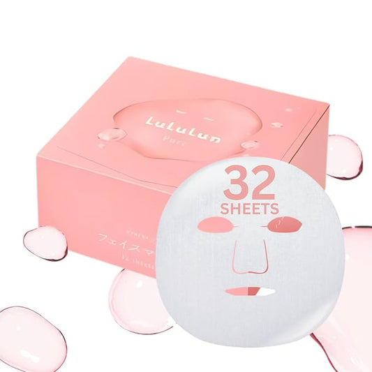 Lululun 32 EA Facial Sheet Mask for Extra Dry Skin & All Skin Types Women & Men, Hydrating & Moisturizing Daily Face Sheet Mask with Seaweed & Cranberry Extracts, Natural Japanese Skincare, PURE PINK