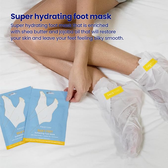 FACETORY Silky Feet Softening Foot Mask with Shea Butter, Jojoba Oil, and Ferments - Exfoliating and Moisturizing Foot Care Mask for Dry and Cracked Feet, Moisture-Locking Socks - 6 Booties