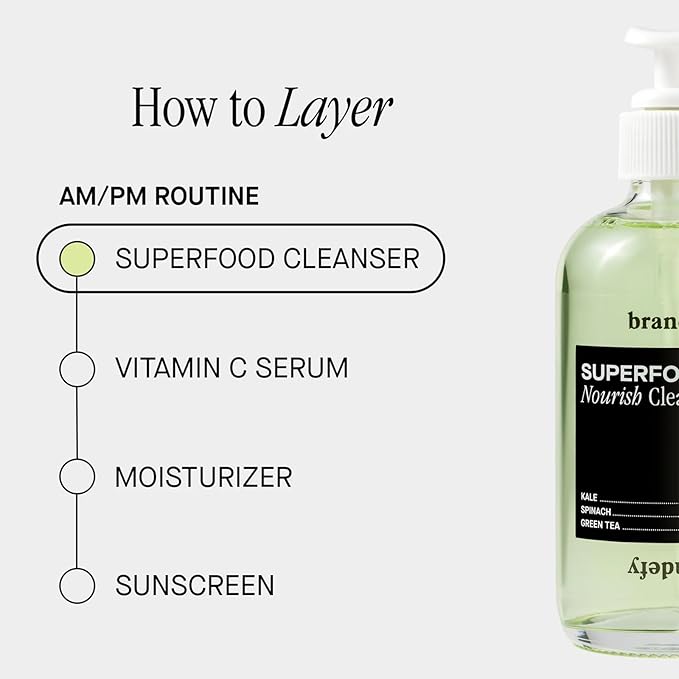 Brandefy Superfood Face Wash, Gentle & pH Balanced Cleanser w/Kale, Green Tea, Spinach, Vitamin C, E, K2- Softens & Nourishes Skin, Organic Facial Cleanser for All Skin Types (8 Fl Oz)