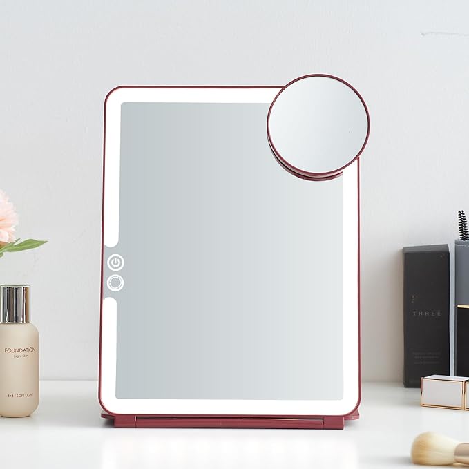 Mocado LED Travel Makeup Mirror, Rechargeable Vanity Mirror with Lights, Portable Mirror with Lights - 7x9 inches, 3 Colors Light, Foldable, Dimmable Touch Screen, Travel Essential (Wine Red)