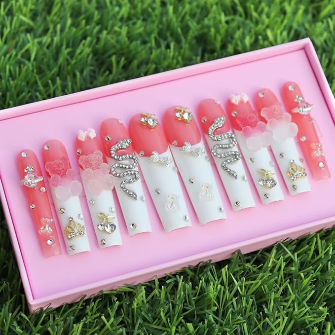 Handmade 3D Extra Long Gummy Bear Square Press On Nails,Luxury Diamond Pink Cotton Candy Salon False Nails with Design Nail Art Gifts for Women and Girls 10Pcs,Size S