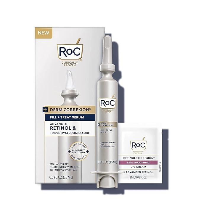 RoC Derm Correxion Fill + Treat Advanced Retinol Serum, Wrinkle Filler Treatment with Hyaluronic Acid for Crow's Feet, 11 Wrinkles, & Laugh Lines, (.5 fl oz) with Retinol Packette (Packaging May Vary)