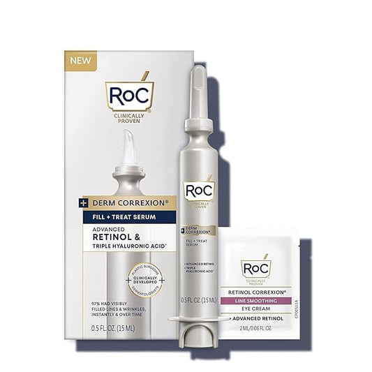 RoC Derm Correxion Fill + Treat Advanced Retinol Serum, Wrinkle Filler Treatment with Hyaluronic Acid for Crow's Feet, 11 Wrinkles, & Laugh Lines, (.5 fl oz) with Retinol Packette (Packaging May Vary)