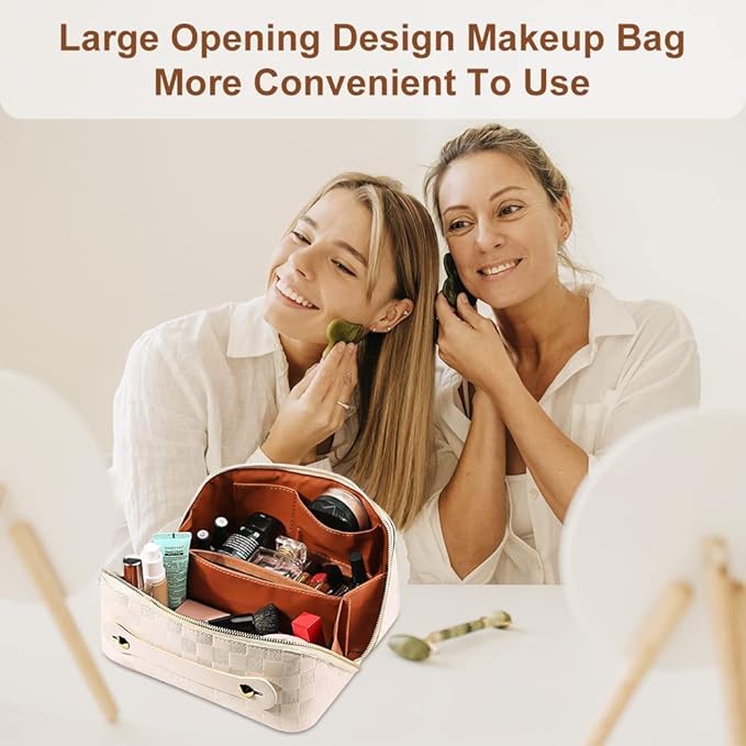 Cessfle Large Capacity Travel Cosmetic Bag Plaid Checkered Makeup Bag Portable Leather Waterproof Skincare Bag with Handle and Divider for Women 01-White