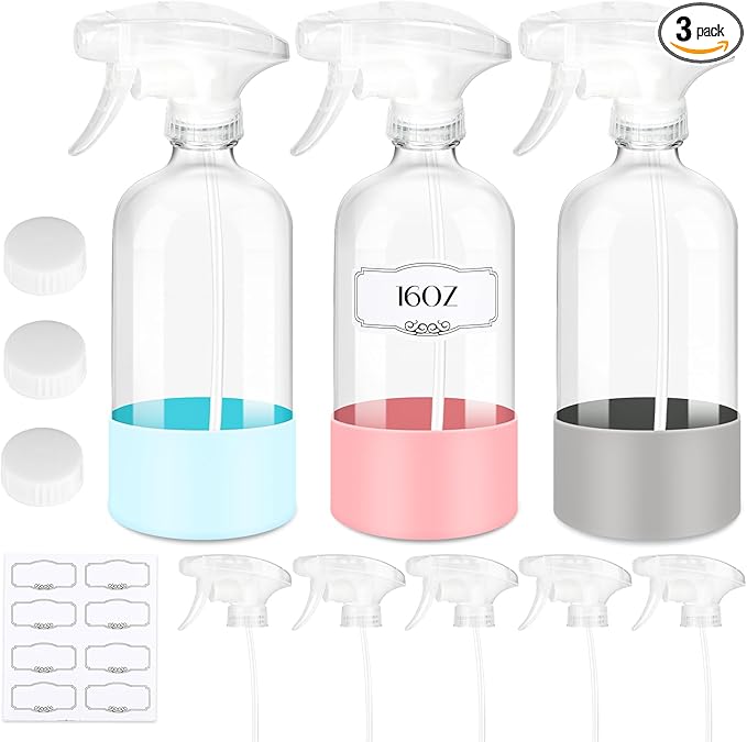 3 PACK/16 OZ Glass Spray Bottles with Upgraded Adjustable Spray Nozzle，Refillable Containers with Silicone Sleeve,Spray Bottle for Hair&Cleaning Solutions&Essential Oils-Pink Blue Gray