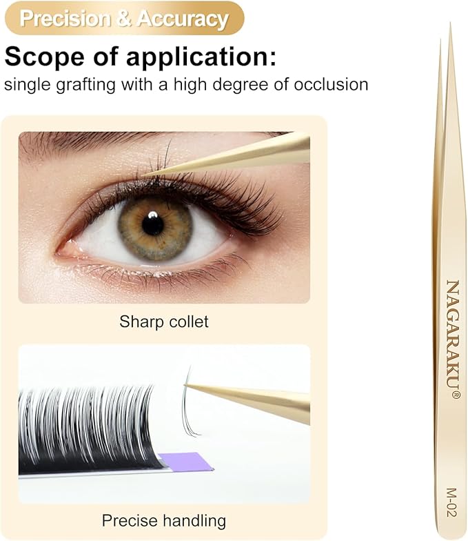 NAGARAKU Tweezers for Eyelash Extensions Straight and Curved Precision Professional Volume Easy Fanning lash Precise Point 1 Pair Tweezers for Lash(M-01 and M-02)