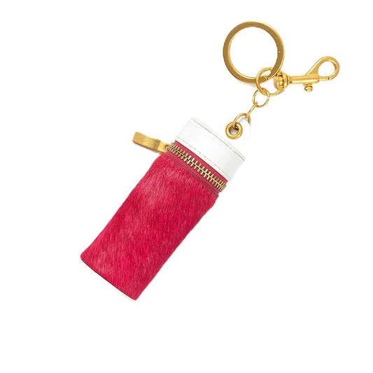 Cackatoo Genuine Leather Horsehair Lipstick Case with Keychain - Portable Travel Organizer for Lipstick and Chapstick - Stylish Key Chain Accessory for Women (Fuchsia/White)
