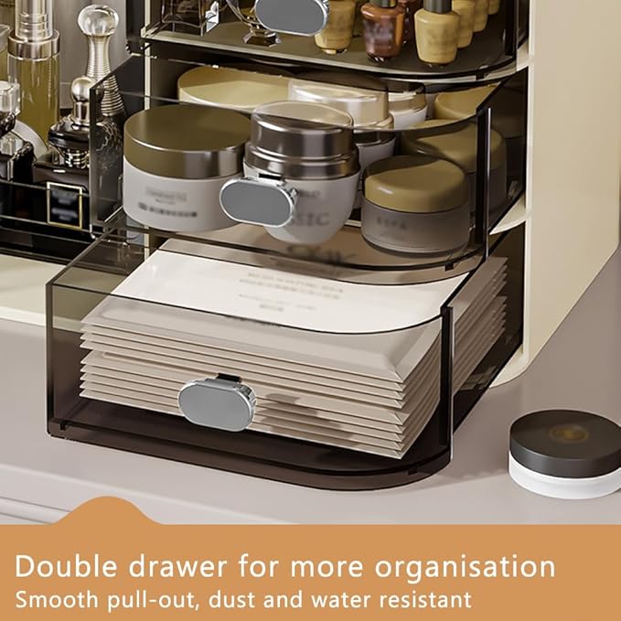 Cosmetics Display Case with Mirror, Large Capacity Cosmetic Storage Box with Drawers, Dust and Waterproof Makeup Organizer, Skincare Jewelry Storage Box for Bedroom, Bathroom (Transparently black)