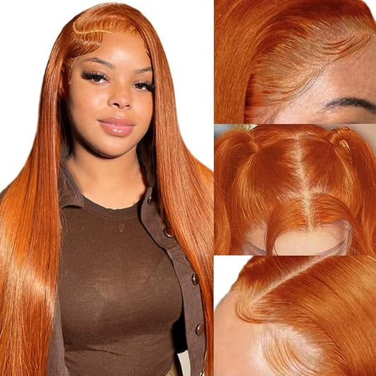 Azkiu Ginger Orange Lace Front Wigs Human Hair Colored Straight Lace Front Wig 13x4 Hd Frontal Wigs Human Hair Pre Plucked With Baby Hair Ginger Wig Lace Front Wigs 150% Density 24Inch