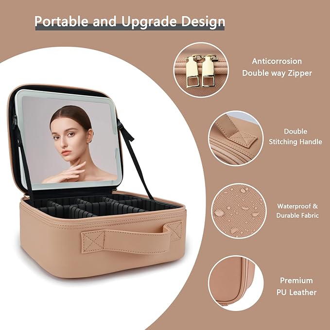 Travel Makeup Bag with LED Lighted Mirror,Cosmetics Organizer, Makeup Bag with 3 Color Lighted Setting, Portable Storage and Adjustable Dividers Travel Makeup Bag(khaki)