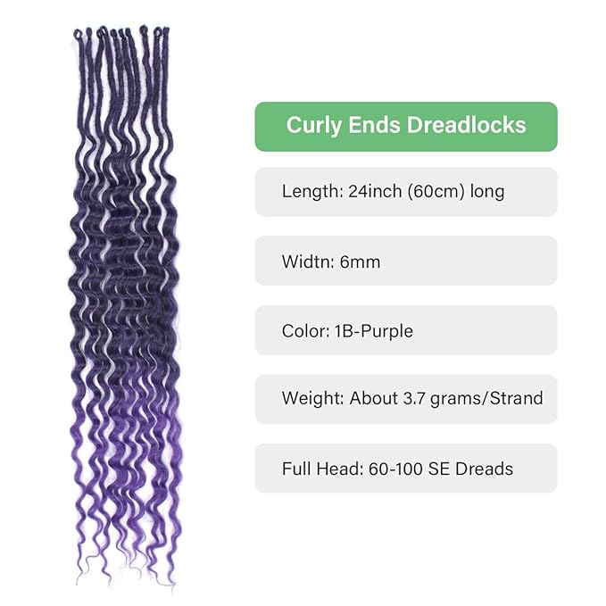 24 In 30 Strands Curly Dreadlock Extensions, Ombre Purple Synthetic Single Ended Dreads Extensions, 100% Handmade Dreads Hippie Style Dreadlocks for Woman