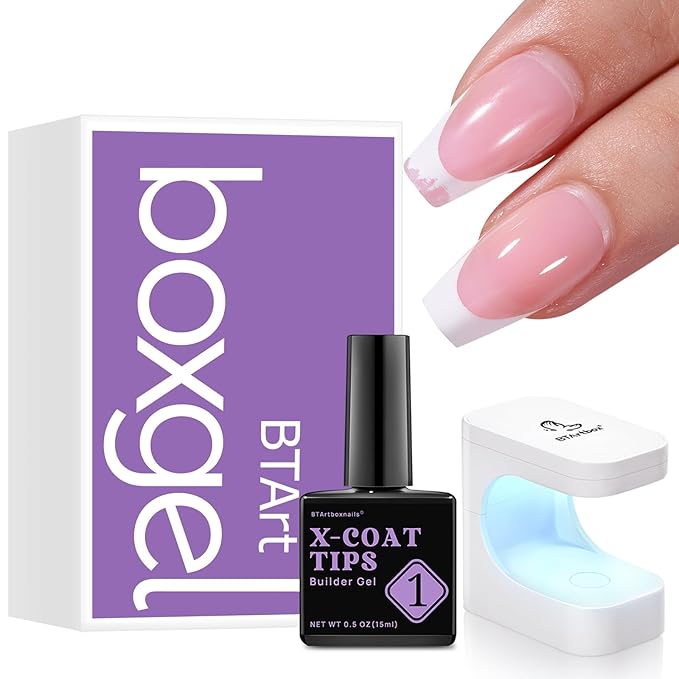 BTArtboxnails XCOATTIPS Long Coffin French Tip Cat Eye Press On Nails with Builder Gel and Mini Nail Lamp Set