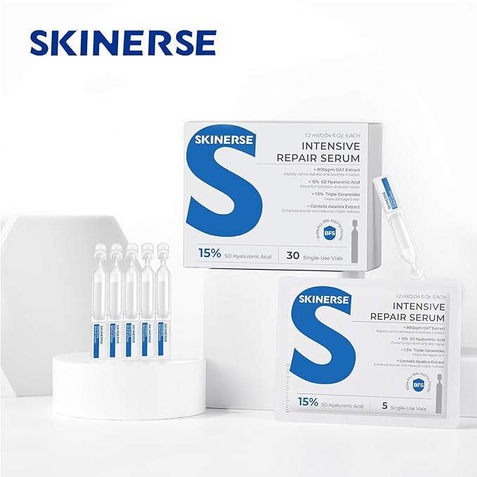 Intensive Repair Serum, 15% Hyaluronic Acid Serum with Ceramides and Centella Extract, Barrier Repair Redness Reilef Rosacea Treatment for Face Sensitive Acne Prone Skin, 30 Vials