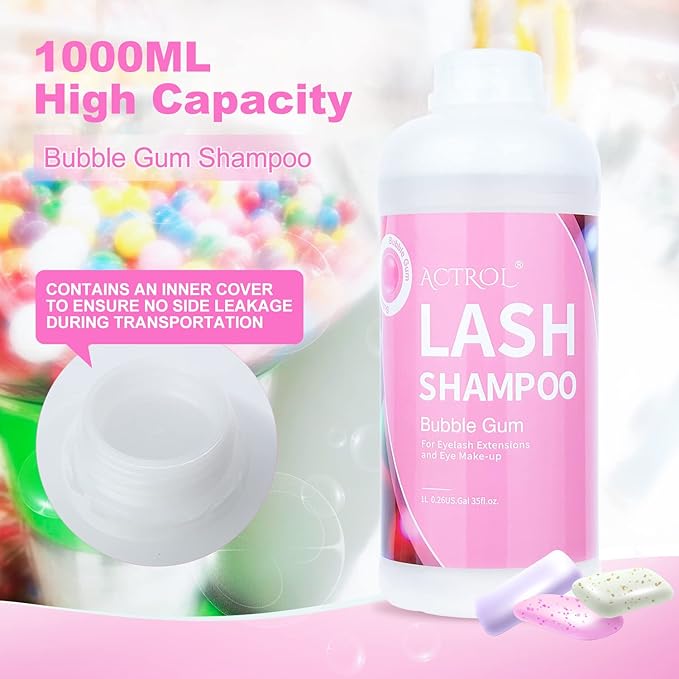 Eyelash Extension Cleanser Bubble Gum 1L Natural Lash Extension Shampoo Professional Eyelid Foaming Cleanser Paraben & Sulfate Free Non-lrritating with Salon and Home Care