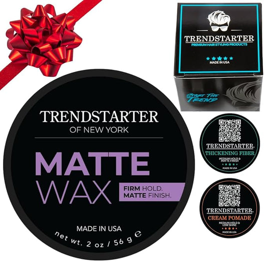TRENDSTARTER - MATTE WAX 2oz Travel Size with Free Thickening Fiber (0.25oz) & Cream Pomade (0.25oz) Samples - Gift Box Included - Pomade Gift Set