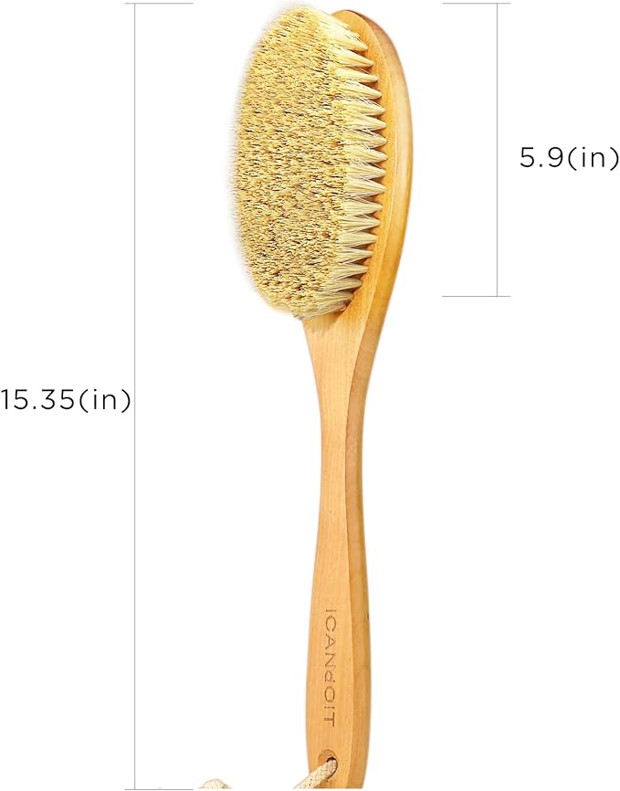 Very Stiff Dry Brushing Body Brush for Men&Women, Long Handle Dry Skin Brush for Cellulite and Lymphatic Drainage with Natural Agave Cactus Tampico Fiber Bristles