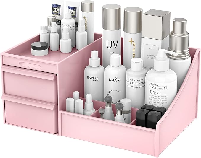 Makeup Desk Cosmetic Storage Box Organizer with Drawers for Dressing Table, Vanity Countertop, Bathroom Counter, Elegant Vanity Holder for Brushes, Eyeshadow, Lotions, Lipstick and Nail Polish