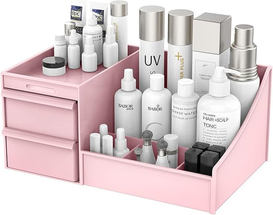 Makeup Desk Cosmetic Storage Box Organizer with Drawers for Dressing Table, Vanity Countertop, Bathroom Counter, Elegant Vanity Holder for Brushes, Eyeshadow, Lotions, Lipstick and Nail Polish