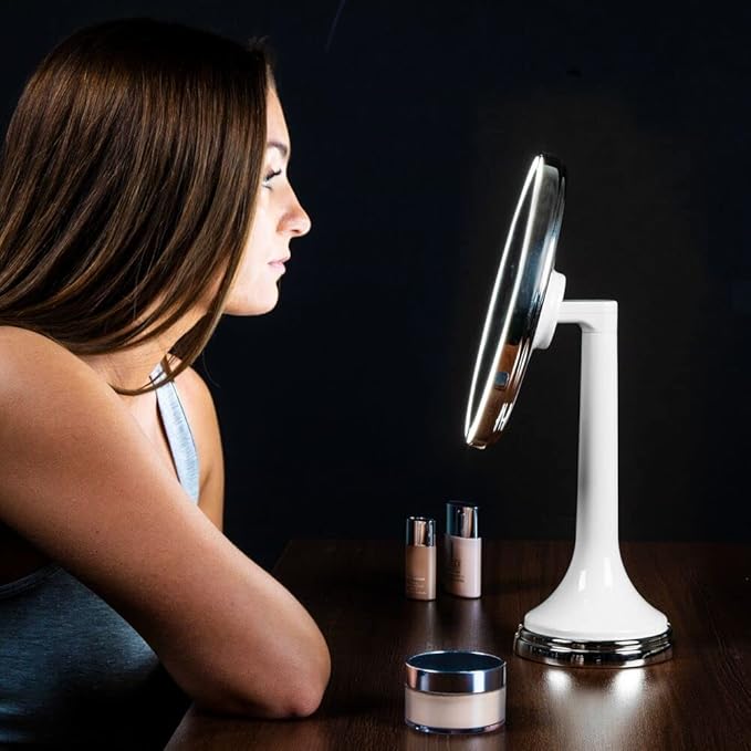 mDesign Modern Motion Sensor LED Lighted Makeup Bathroom Vanity Mirror, Large 8" Round, 3X Magnification, Hands-Free, Rechargeable and Cordless - White/Chrome