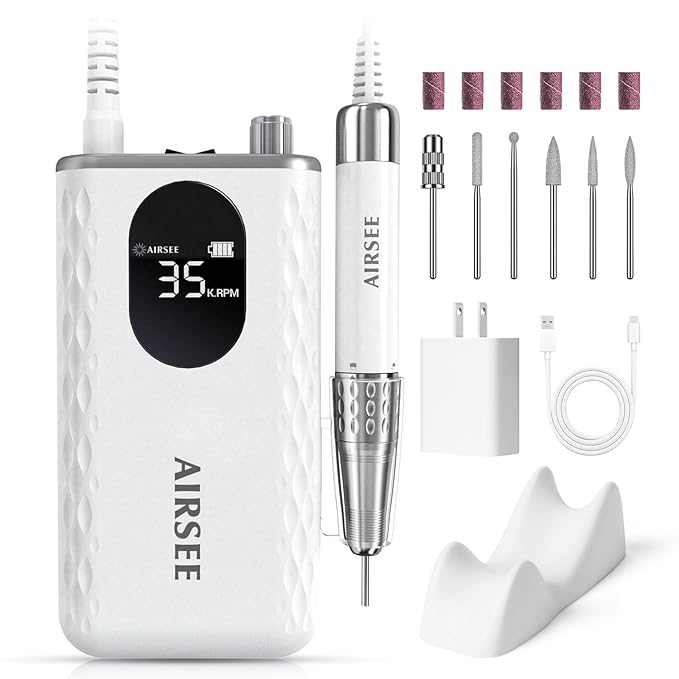 AIRSEE Updated Professional Nail Drill,Rechargeable Cordless Efile Machine for Acrylic Extension Gel Dip Powder Powerful Portable Efile 56 Sanding Bands 7 Bits,Low Noise Low Heat