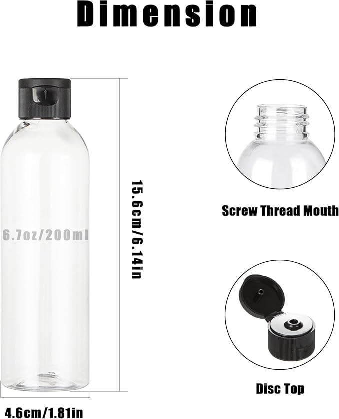 38 Pcs Plastic Travel Bottles, Refillable Squeeze Travel Containers, Bottles with Black Disc Top Flip Caps for Travel, 6.7 oz Clear Plastic Empty for Travel, Shampoo, Hand cream, Toiletries Liquid