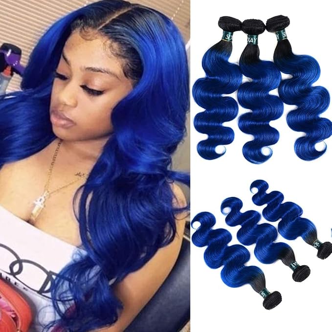 SEXAYHAIR Blue Bundles Brazilian Remy Human Hair 1b/blue Body Wave Human Hair, 2 Tone Ombre Hair 3 Bundles Unprocessed Blue Hair for Women (12 14 16 Body 1b/blue)