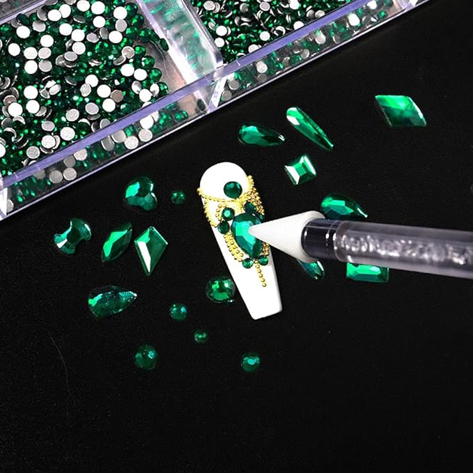 3100Pcs Nail Crystal Rhinestones Kit, Mix Shapes AB Glass, 3D Diamonds Flatback Crystals, with a Drill Pen, Nail Crystal Non Hotfix, Nail Art Decoration (Green)