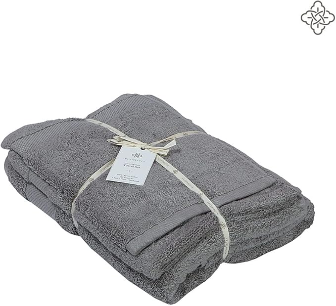 BIOWEAVES 100% Organic Cotton 700 GSM Plush 6-Piece Towel Set GOTS Certified, 2 Bath Towels, 2 Hand Towels & 2 Washcloths - Light Grey