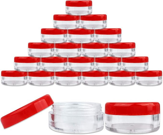 Beauticom (Quantity: 25 Pieces) 5G/5ML Round Clear Jars with RED Lids for Lotion, Creams, Toners, Lip Balms, Makeup Samples