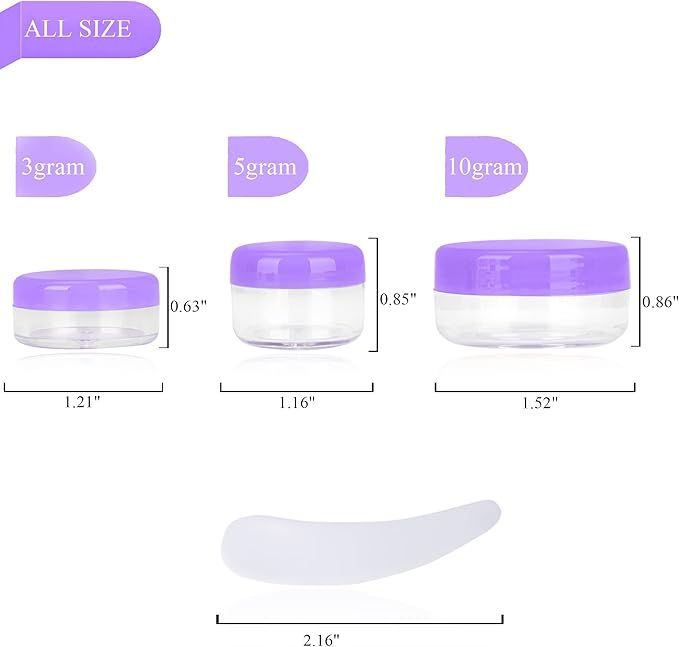 25PCS 3 Gram Sample Containers, 3ml Empty Jars with Lids, Small Cosmetic Containers, Mini Sample Jars with 2PCS Mini Spatulas for Make Up, Oils, Lotion, Powder, Paint, Jewelry, Lip Balms(Purple Lid)
