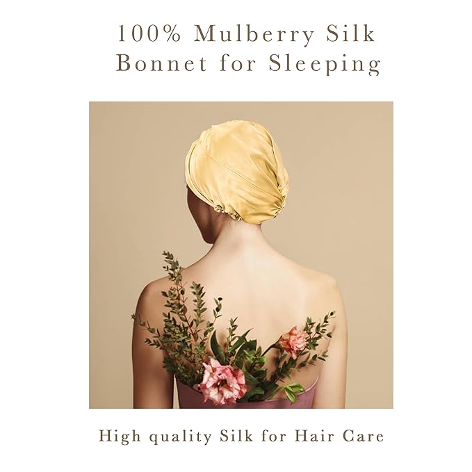 Simnice 100% Mulberry Silk Bonnet for Women Hair Care, Double-Layer Hair Bonnet for Sleeping, Natural Silk Hair Wrap with Elastic Stay On Head,Champagne Gold