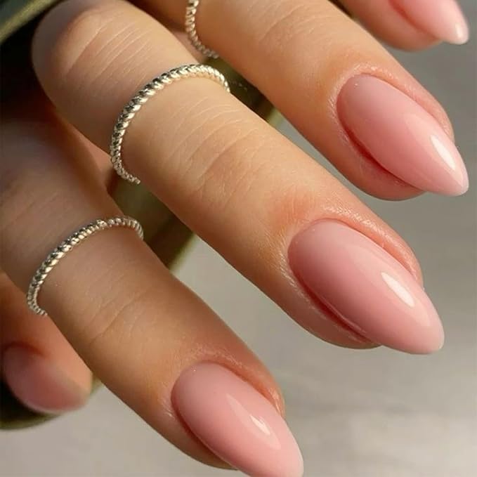 Modelones Pink Press on Nails Almond, Spring Easter Medium Fake Nails, Reusable Nail Kit with Nail Glue Adhesive Tabs Mini Nail File, Nails Press Ons 32Pcs 16 Sizes, Women Girl Gift