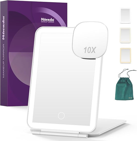 LED Foldable Travel Makeup Mirror - 5x7 inches 3 Colors Light Modes USB Rechargeable Touch Screen, Portable Tabletop Cosmetic Mirror for Travel, Cosmetic, Office (White)